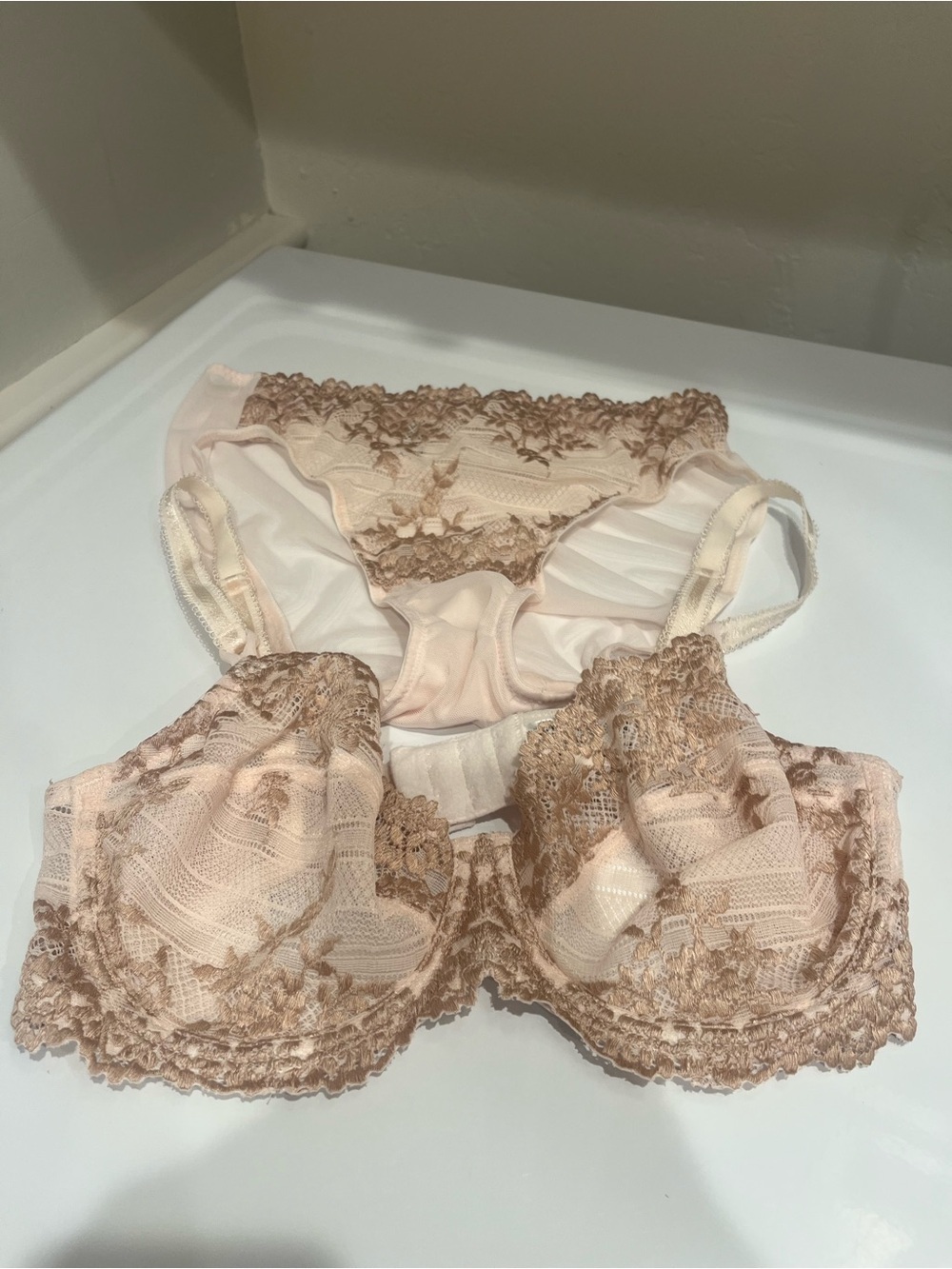 Wacoal Lace Underwire Bra and Matching Briefs in Light Blush bra 34 D panties S